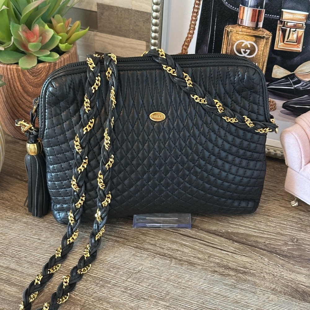 Bally Black Quilted Leather Crossbody Bag with Gold Chain and Tassle Zipper Pull